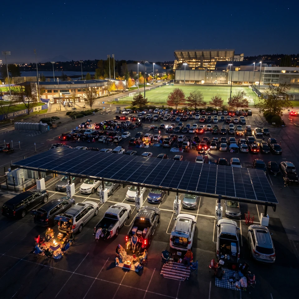 Generated night scene of the lot as a drive-in, with families gathered at their cars
