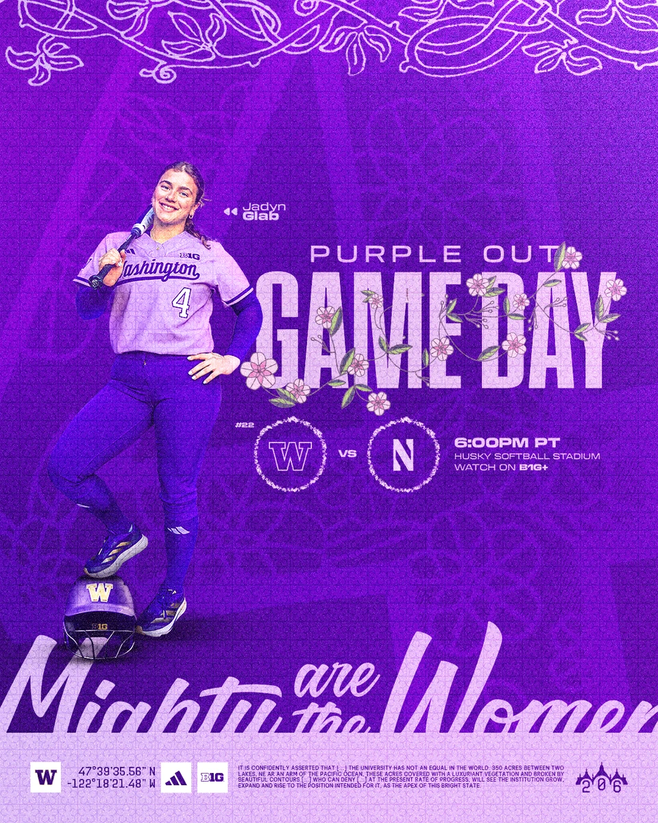 Purple Out game day graphic with Jadyn Glab standing on the generated helmet