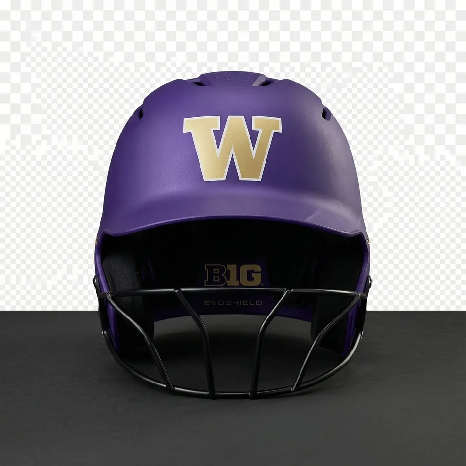 Generated studio photo of a purple Washington softball helmet