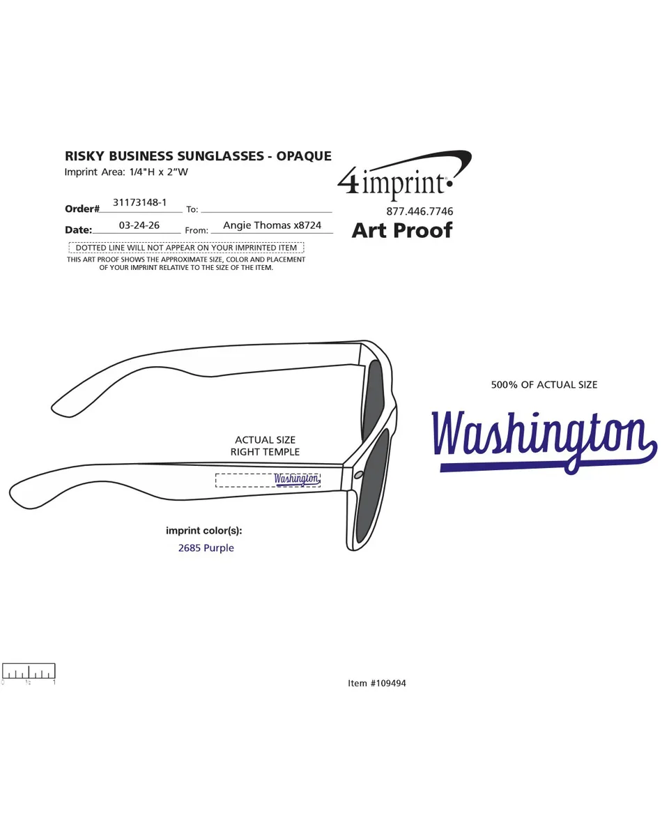 Vendor art proof of the sunglasses with the Washington script wordmark