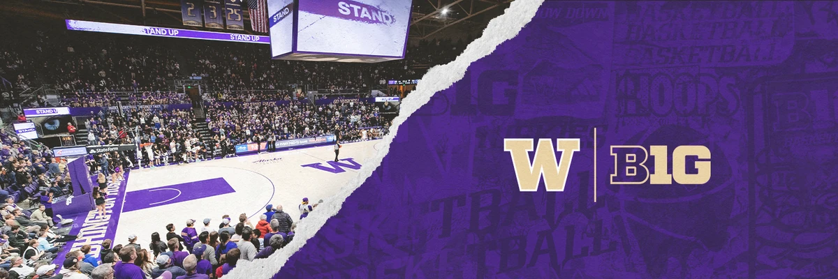 Women's basketball X header with an arena photo and the W and B1G lockup
