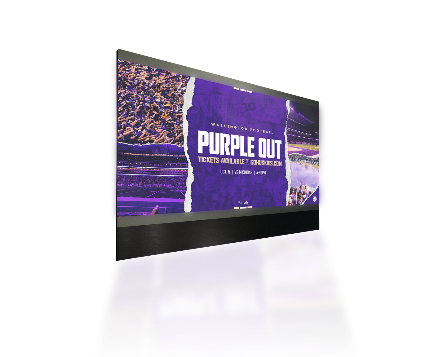 Stadium video board showing the Purple Out game-day graphic for Washington Football vs Michigan