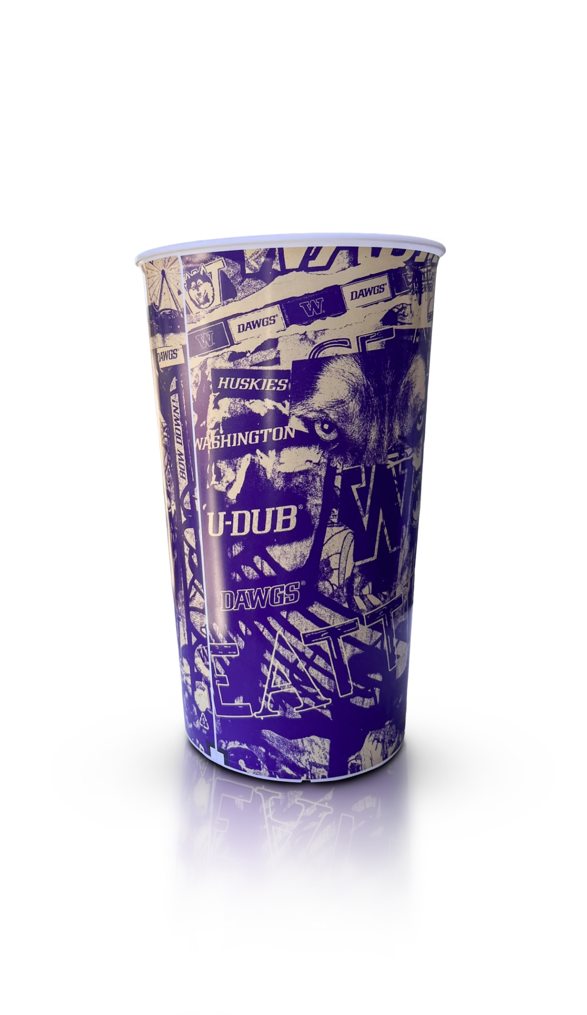Stadium cup wrapped in purple Washington Huskies collage artwork