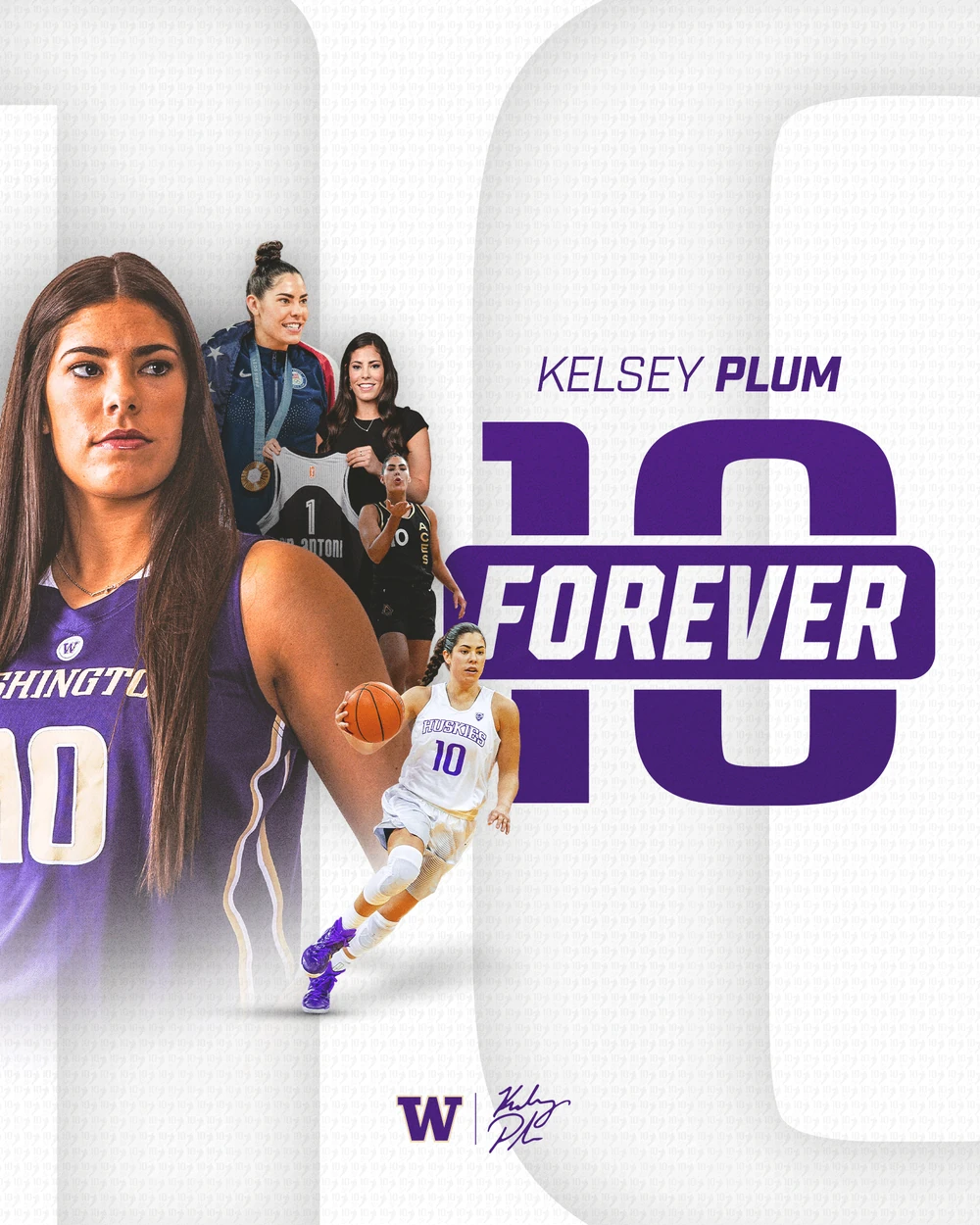 Forever 10 social graphic: Kelsey Plum in her Washington jersey beside a purple FOREVER 10 mark