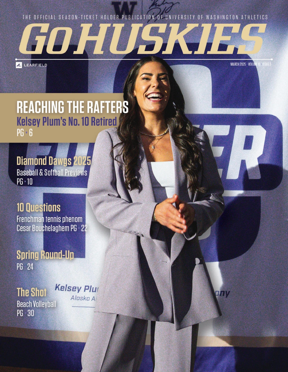 March 2025 GoHuskies magazine cover: Plum in front of the Forever 10 banner