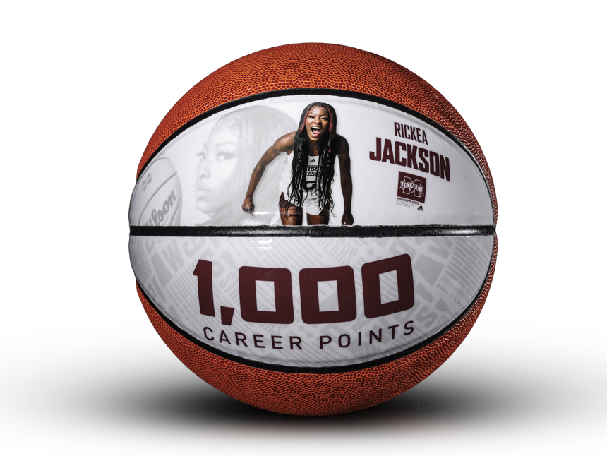 Commemorative basketball for Rickea Jackson's 1,000 career points