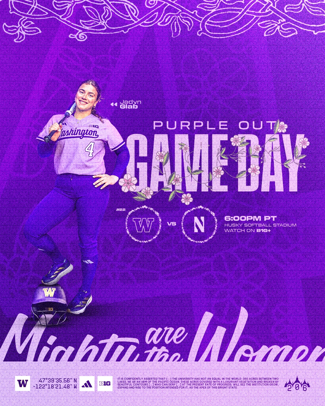 Purple Out game day graphic with Jadyn Glab
