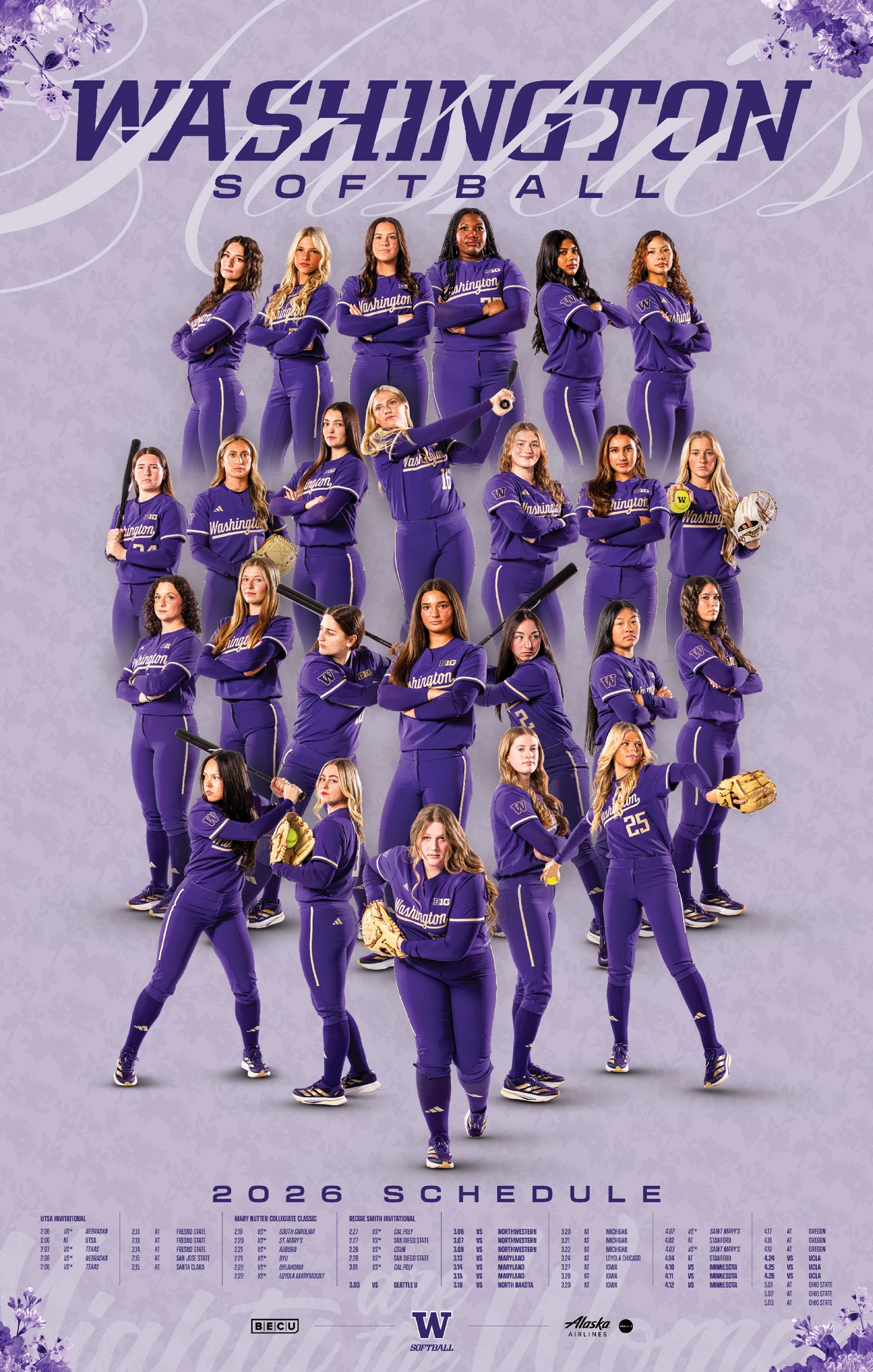 2026 Washington Softball season poster in the lavender palette featuring all 25 athletes